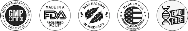 Made in USA, FDA registered facility, GMP certified, non-GMO badges